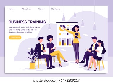 Smart businesswoman giving a presentation to colleagues during in house business training pointing to charts and statistics in a colorful Flat Vector illustration