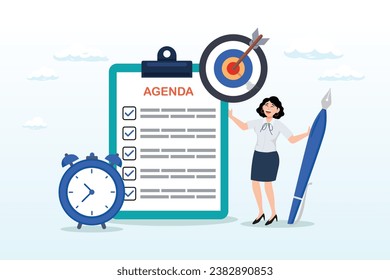 Smart businesswoman hold pen write meeting agenda with clock, meeting agenda, priority important task for discussion, objective or purpose to finish, planner or checklist for office work (Vector)