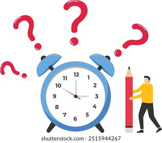 Empresaria inteligente sosteniendo un lápiz de pie pensando y cuestionando un reloj. Conjuntos la fecha límite de trabajo. Ilustración vectorial plana.

