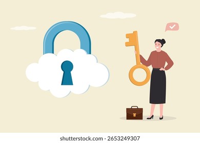 Smart businesswoman holds golden key from cloud with padlock. Cloud security system to protect information for remote work, secure technology for safety access online server. flat vector illustration