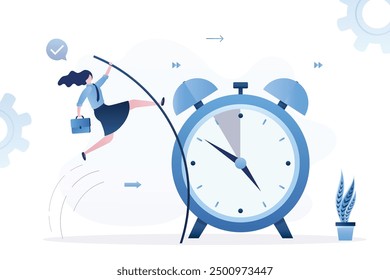 Smart businesswoman jumps pole vaults over giant alarm clock. Time management, proper planning, completion of tasks on time. Lack of deadline. Confident manager overcoming business obstacles. vector