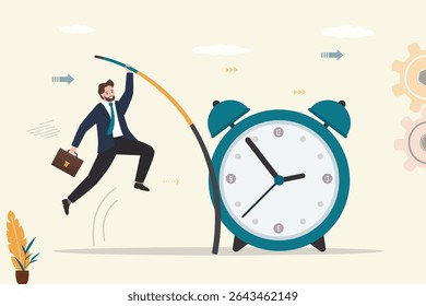 Empresária inteligente pula cofres de postes sobre despertador gigante. Gerenciamento de tempo, planejamento adequado, conclusão de tarefas no prazo. Falta de prazo. Gerente confiante superando obstáculos de negócios. vetor