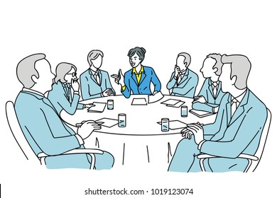 Smart businesswoman as leadership, presenting in meeting room, business concept in smart and strong woman, feminist, feminism. Outline, linear, thin line art, hand drawn sketch design, simple style.