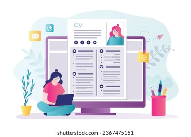 Smart businesswoman looking for new job on internet. Applicant woman builds cv resume in online web service. Female character search suitable vacancy in network. Job seeker, employment concept. vector