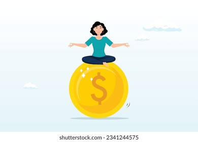 Smart businesswoman meditate and floating on big golden money dollar coin, financial guru or expert, behavioural finance mindfulness for wealth management, money and investment advisor (Vector)