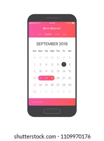 Smart Calendar Android App Concept September 2018 Page With To Do List And Tasks Vector UI UX Design Mockup For Mobile Phone. Planner Application Template For Smartphone