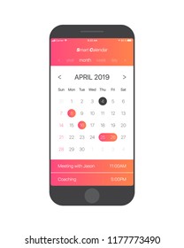 Smart Calendar App Concept April 2019 Page with To Do List and Tasks UI UX Design Mockup Vector for Mobile Phone. Planner Application Template for Smartphone