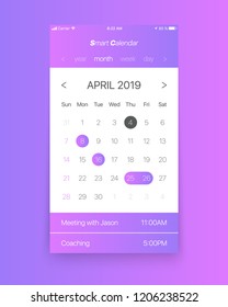 Smart Calendar App Concept April 2019 Page with To Do List and Tasks UI UX Design Mockup for Mobile Phone. Planner Application Template for Smartphone