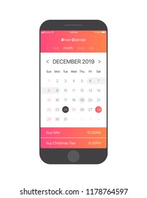 Smart Calendar App Concept December 2019 Page with To Do List and Tasks UI UX Design Mockup Vector for Mobile Phone. Planner Application Template for Smartphone