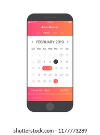 Smart Calendar App Concept February 2019 Page with To Do List and Tasks UI UX Design Mockup Vector for Mobile Phone. Planner Application Template for Smartphone