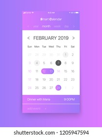 Smart Calendar App Concept February 2019 Page with To Do List and Tasks UI UX Design Mockup for Mobile Phone. Planner Application Template for Smartphone