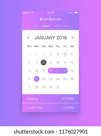 Smart Calendar App Concept January 2019 Page with To Do List and Tasks UI UX Design Mockup for Mobile Phone. Planner Application Template for Smartphone