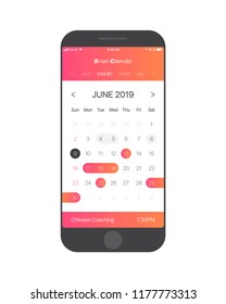 Smart Calendar App Concept June 2019 Page with To Do List and Tasks UI UX Design Mockup Vector for Mobile Phone. Planner Application Template for Smartphone