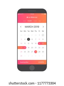 Smart Calendar App Concept March 2019 Page with To Do List and Tasks UI UX Design Mockup Vector for Mobile Phone. Planner Application Template for Smartphone