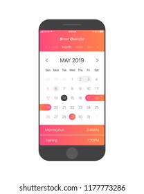 Página Concepto de aplicación de calendario inteligente, mayo de 2019, con lista de tareas y vector de combinación de diseño de UI UX para teléfono móvil. Plantilla de aplicación planificadora para Smartphone