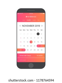 Smart Calendar App Concept November 2019 Page with To Do List and Tasks UI UX Design Mockup Vector for Mobile Phone. Planner Application Template for Smartphone