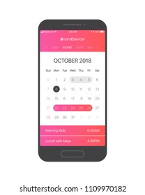 Página de Smart Calendar App Concepto Octubre de 2018 con Lista de tareas pendientes y Maquillaje de diseño UX de Vector UI para teléfono móvil. Plantilla de aplicación planificadora para Smartphone