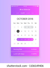 Smart Calendar App Vector Concept October 2018 Page with To Do List and Tasks UI UX Design Mockup for Mobile Phone. Planner Application Template for Smartphone