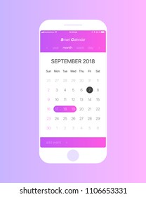 Smart Calendar App Vector Concept September 2018 Page with To Do List and Tasks UI UX Design Mockup for Mobile Phone. Planner Application Template for Smartphone