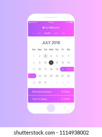 Smart Calendar App Vector Concept July 2018 Page with To Do List and Tasks UI UX Design Mockup for Mobile Phone. Planner Application Template for Smartphone