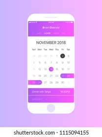 Smart Calendar App Vector Concept November 2018 Page with To Do List and Tasks UI UX Design Mockup for Mobile Phone. Planner Application Template for Smartphone