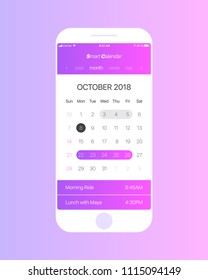 Smart Calendar iOS Android App Vector Concept October 2018 Page with To Do List and Tasks UI UX Design Mockup for Mobile Phone. Planner Application Template for Smartphone