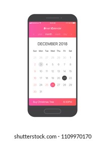 Smart Calendar iOS App Concept December 2018 Page with To Do List and Tasks Vector UI UX Design Mockup for Mobile Phone. Planner Application Template for Smartphone