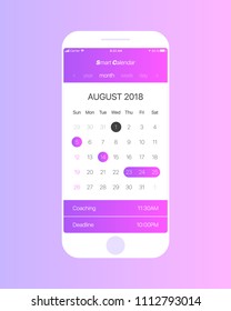 Smart Calendar iOS App Vector Concept August 2018 Page with To Do List and Tasks UI UX Design Mockup for Mobile Phone. Planner Application Template for Smartphone