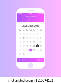 Smart Calendar iOS App Vector Concept December 2018 Page with To Do List and Tasks UI UX Design Mockup for Mobile Phone. Planner Application Template for Smartphone