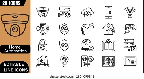 Smart camera icons set, 20 editable line art icons set, surveillance, monitoring, motion detection, wifi security, protection, connected technology, home security theme style, clean outline vector