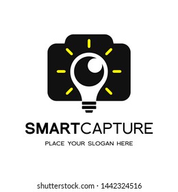 Smart capture vector logo template. Camera with bulb lamp symbol. Suitable for camera man.