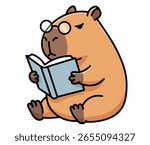Smart capybara character with glasses reading a book. Intellectual animal mascot symbolizing education, knowledge, and the love of reading. Perfect for a library, bookstore, or a "back to school" camp