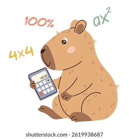 Smart capybara solving math with a calculator and math symbols. Flat hand-drawn style, transparent background. Ideal for educational posters, childrens books, and apps.