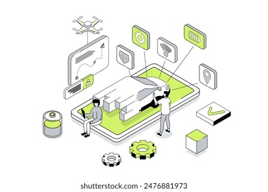 Smart car 3d isometric concept in outline isometry design for web. People managing of autonomous automobile with smartphone app, monitoring system, using online map navigation. Vector illustration.