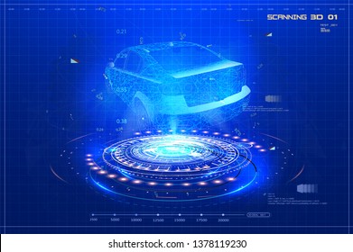 Smart Car. Abstract image of smart car in the form of a starry sky or space.Hologram auto in HUD UI style. Futuristic car service, scanning and auto data analysis. Futuristic user interface wireframe 