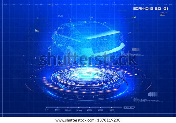 Smart Car. Abstract image of smart car in the\
form of a starry sky or space.Hologram auto in HUD UI style.\
Futuristic car service, scanning and auto data analysis. Futuristic\
user interface wireframe\
