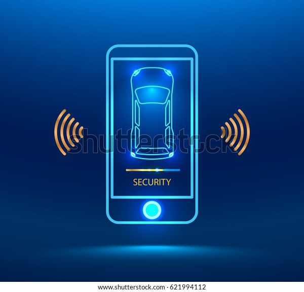 Smart car alarm system icon. The smart phone\
controls the car security on the wireless and reports the owner a\
level of protection of the car. cybersecurity future. Vector\
illustration concept