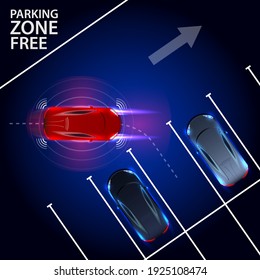 Smart car is automatically parked in the Parking lot, the view from the top. Parking Assist system security scans the road. Car Neon Logo Abstract Lines Template. Vector illustration
