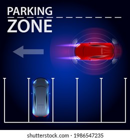 El auto inteligente se estaciona automáticamente en el estacionamiento, la vista desde arriba. La seguridad del sistema de asistencia de estacionamiento explora la carretera. Plantilla de líneas de resumen del logotipo de la aguja del coche. Ilustración del vector
