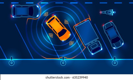Smart car is automatically parked in the Parking lot, the view from the top. Parking Assist system security scans the road. Vector illustration.