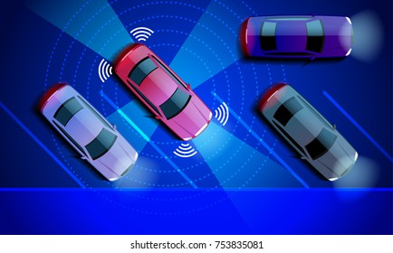 Smart car is automatically parked in the Parking lot, the view from the top. Parking Assist system security scans the road. Vector illustration.