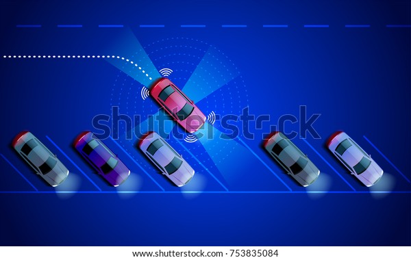 Smart car is automatically parked in the
Parking lot, the view from the top. Parking Assist system security
scans the road. Vector
illustration.