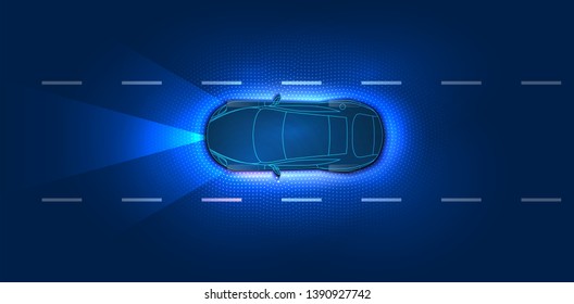 Smart car. Autonomous smart car scans the road . Autonomous self-driving mode vehicle on city road iot concept with graphic sensor radar signal system. Futuristic concept, top view with background.HUD
