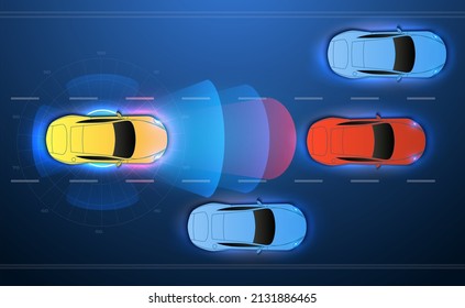 Smart car. Autonomous smart car scans the road, controls the car. Autonomous self-driving mode vehicle on city road of concept with graphic sensor radar signal system. Top view with background