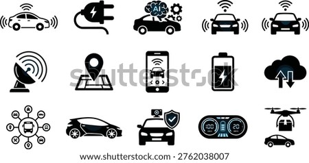 Smart car autonomous vehicle icon set vector electric car AI driving GPS navigation IoT technology modern flat illustration pack