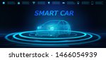 Smart Car Banner. Abstract image of a smart or intelligent car in the form of a starry sky or space. X-ray hologram in HUD style. 3D Electric machine. IOT Autonomous car vehicle with icons infographic