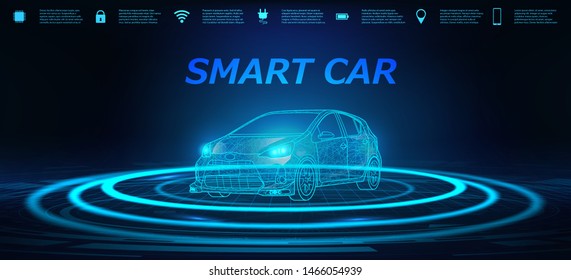 Smart Car Banner. Abstract Image Of A Smart Or Intelligent Car In The Form Of A Starry Sky Or Space. X-ray Hologram In HUD Style. 3D Electric Machine. IOT Autonomous Car Vehicle With Icons Infographic