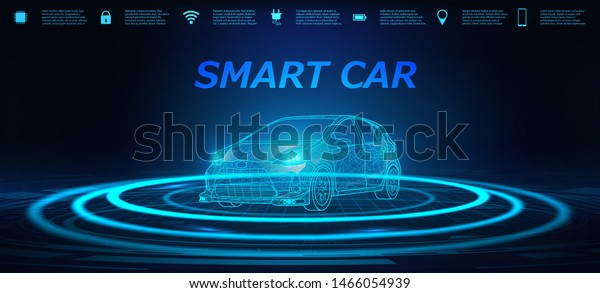 Smart Car Banner. Abstract image of a smart\
or intelligent car in the form of a starry sky or space. X-ray\
hologram in HUD style. 3D Electric machine. IOT Autonomous car\
vehicle with icons\
infographic