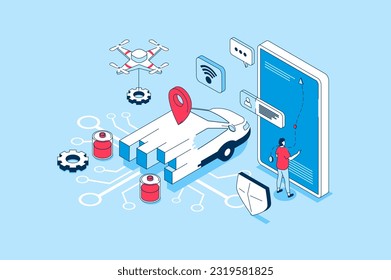 Smart car concept in 3d isometric design. People managing of autonomous automobile with smartphone app, using online navigation map service. Vector illustration with isometry scene for web graphic