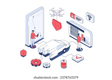 Smart car concept in 3d isometric design. Men managing electric car at mobile phone app, creating routes in online navigation map. Vector illustration with isometry people scene for web graphic